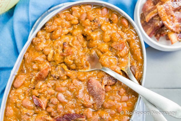Bourbon & Brown Sugar Baked Beans {with Candied Bacon} | No Spoon Necessary